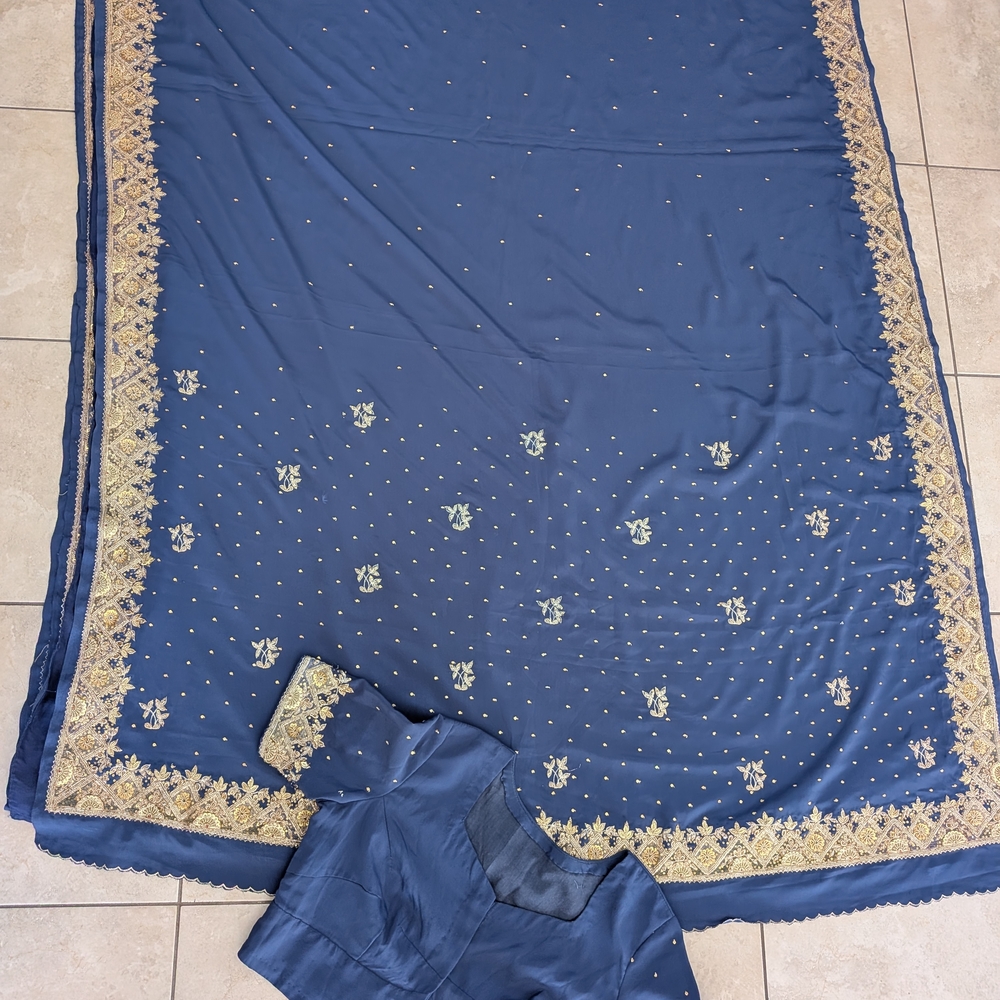 Elegant Blue Saree with Gold Embroidery
